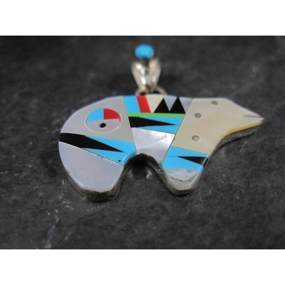 Southwestern Sterling Inlaid Bear Pendant - Picture 3 of 10